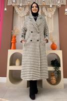 Tesettür giyim BEJ DESENLİ CEPLİ KABAN T 1177