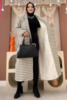 Tesettür giyim BEJ DESENLİ CEPLİ KABAN T 1177