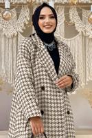 Tesettür giyim BEJ DESENLİ CEPLİ KABAN T 1177