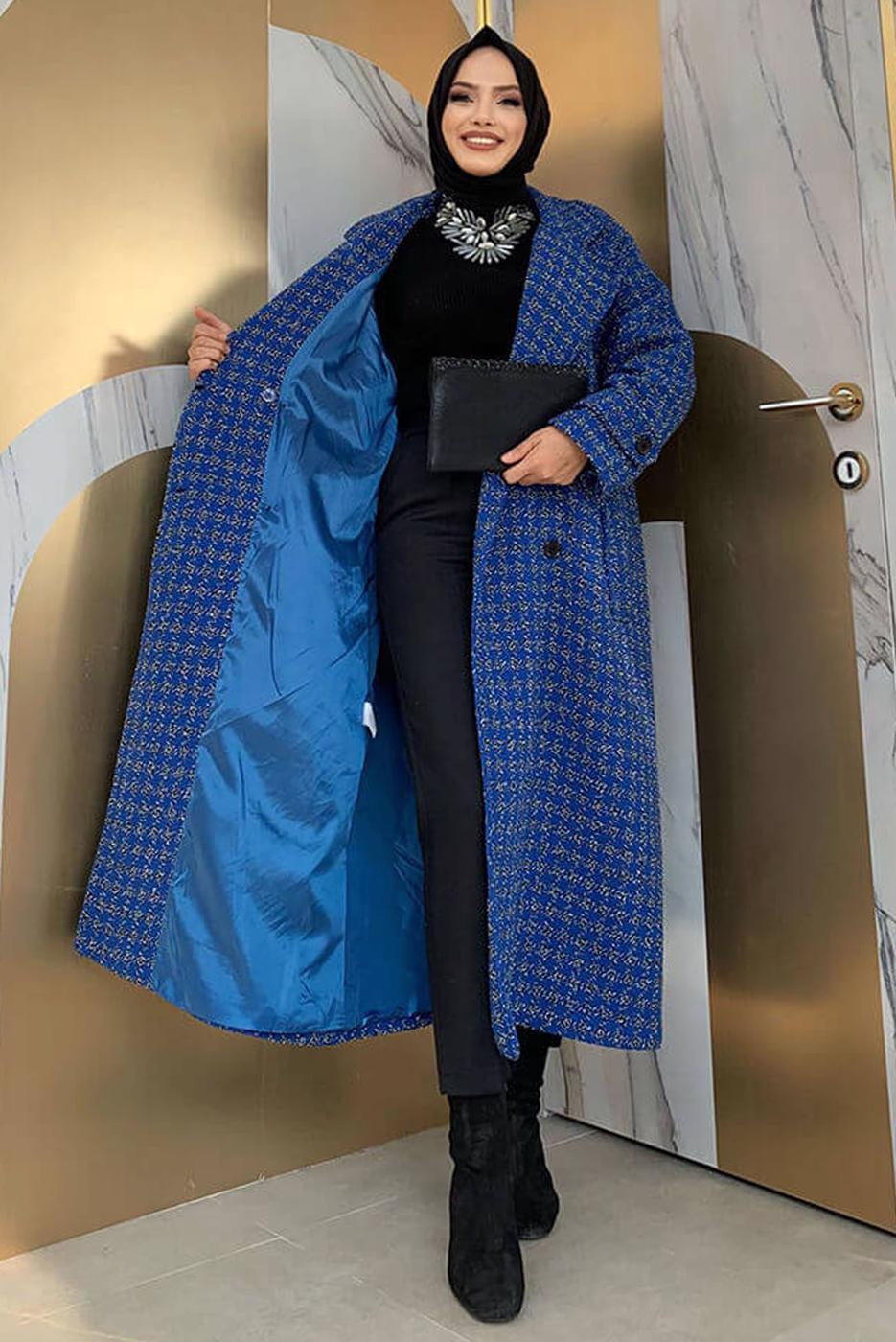 Tesettür giyim LACİVERT DESENLİ CEPLİ KABAN T 1177