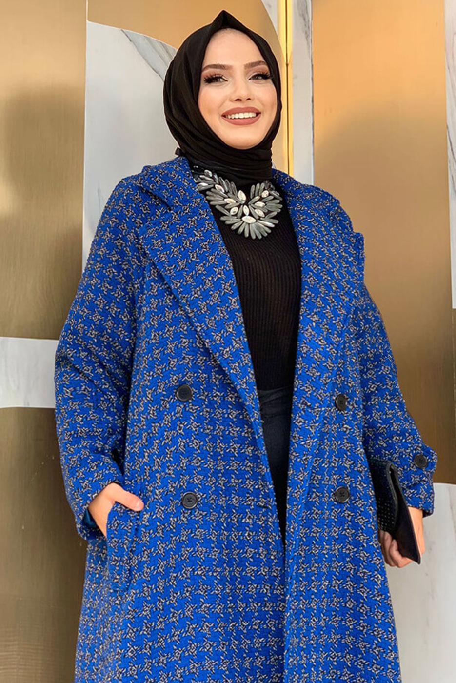 Tesettür giyim LACİVERT DESENLİ CEPLİ KABAN T 1177