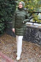 Tesettür giyim HAKİ KAPÜŞONLU ŞİŞME KABAN T 1531