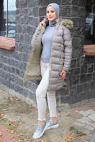 Tesettür giyim VİZON KAPÜŞONLU ŞİŞME KABAN T 1531