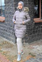 Tesettür giyim VİZON KAPÜŞONLU ŞİŞME KABAN T 1531