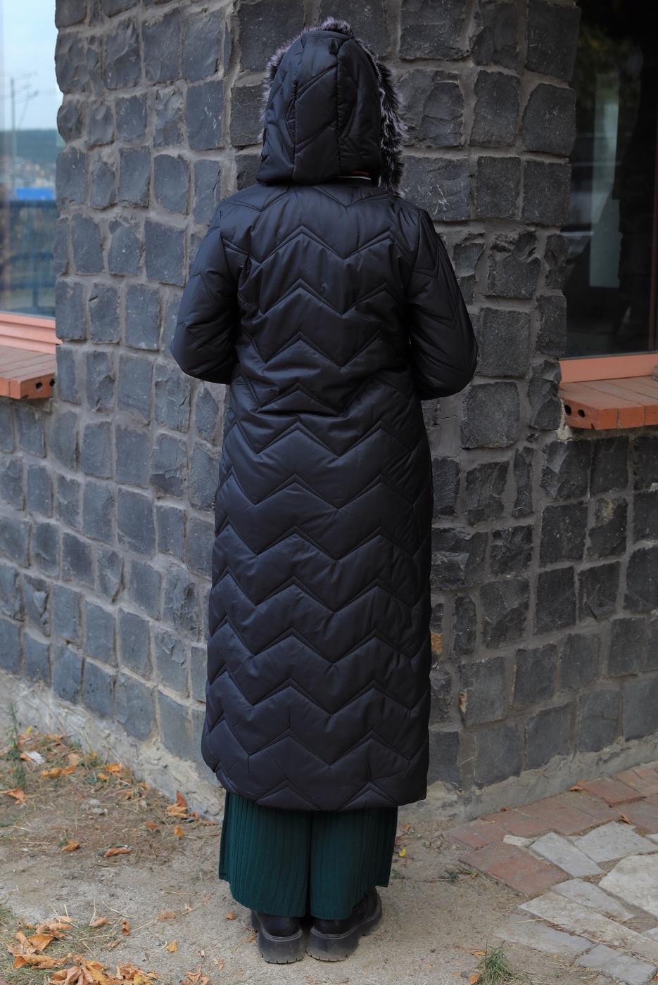 Tesettür giyim SİYAH KAPÜŞONLU MANTO T 1823