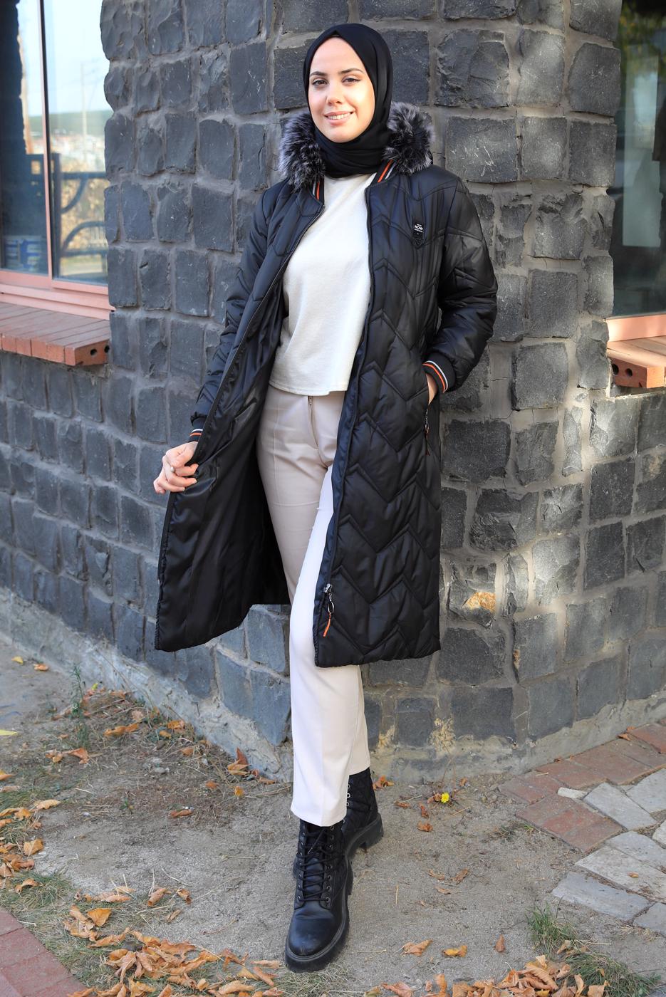 Tesettür giyim SİYAH KAPÜŞONLU KABAN T 1823-1