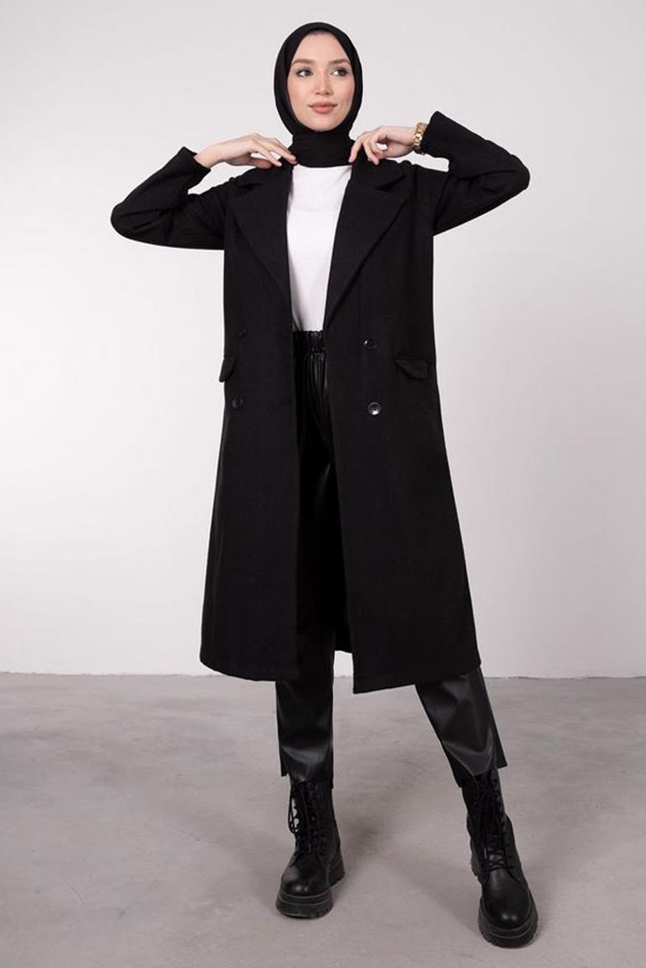 Tesettür giyim SİYAH KRUVAZE YAKA KABAN T 2212