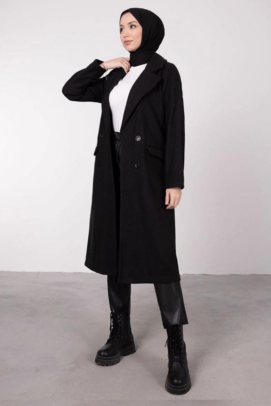 Tesettür giyim SİYAH KRUVAZE YAKA KABAN T 2212