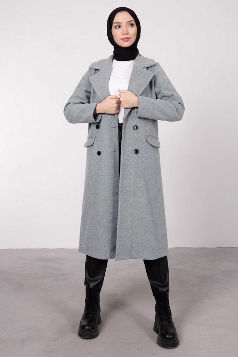 Tesettür giyim GRİ KRUVAZE YAKA KABAN T 2212