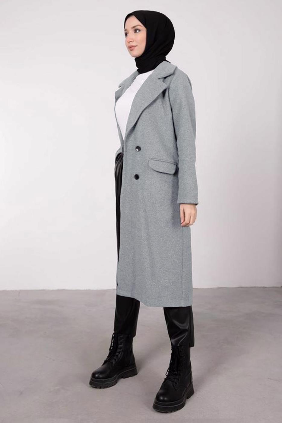 Tesettür giyim GRİ KRUVAZE YAKA KABAN T 2212