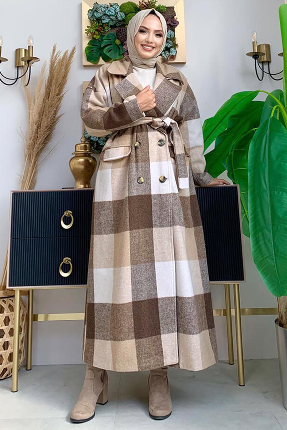 Tesettür giyim KAHVE KUŞAKLI KAŞE KABAN T 2277
