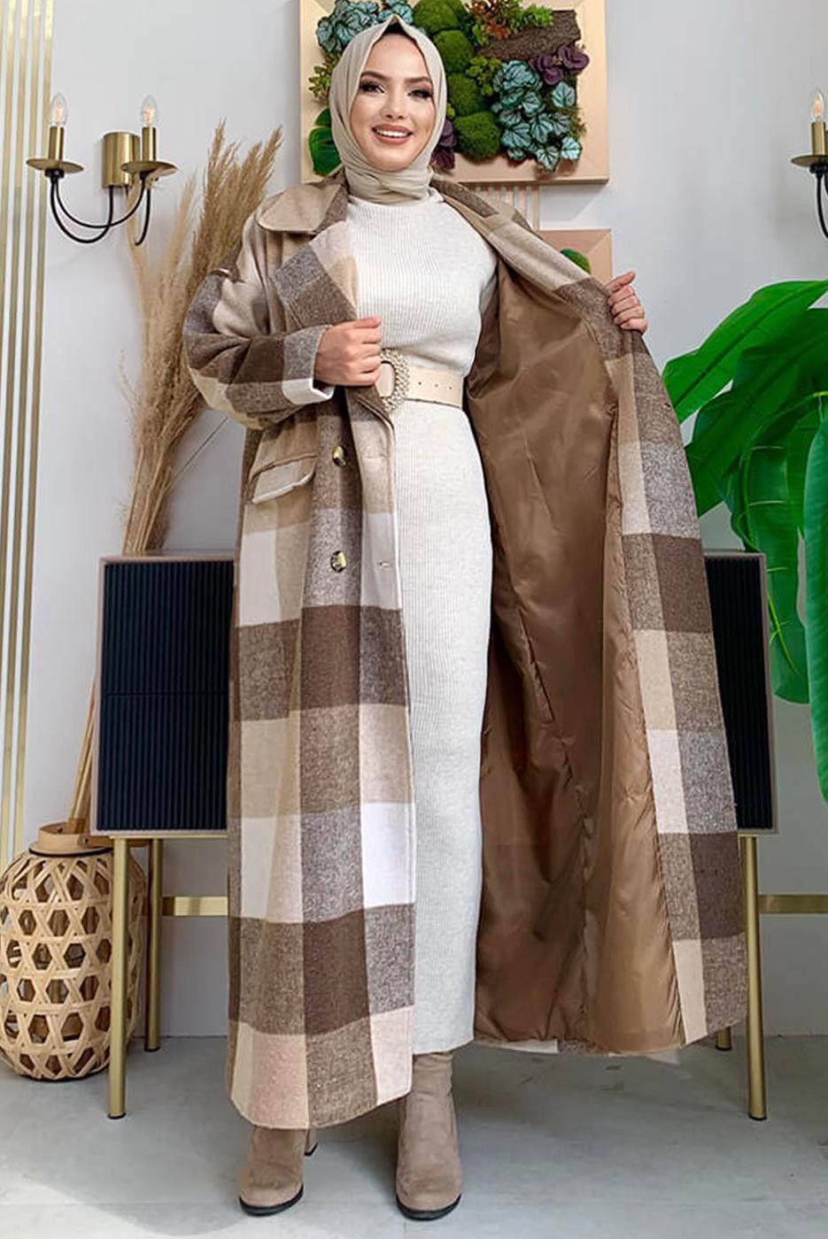 Tesettür giyim KAHVE KUŞAKLI KAŞE KABAN T 2277