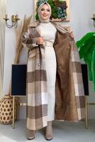 Tesettür giyim KAHVE KUŞAKLI KAŞE KABAN T 2277
