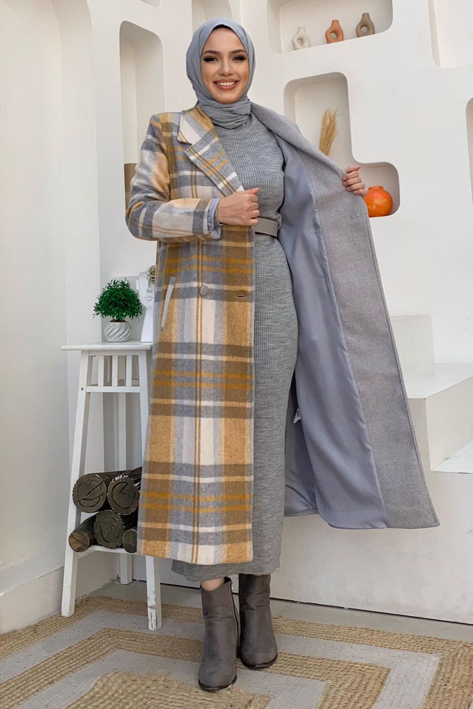 Tesettür giyim GRİ EKOSE DESENLİ KABAN T 2977