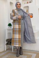 Tesettür giyim GRİ EKOSE DESENLİ KABAN T 2977