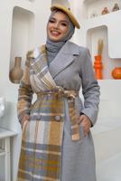 Tesettür giyim GRİ EKOSE DESENLİ KABAN T 2977