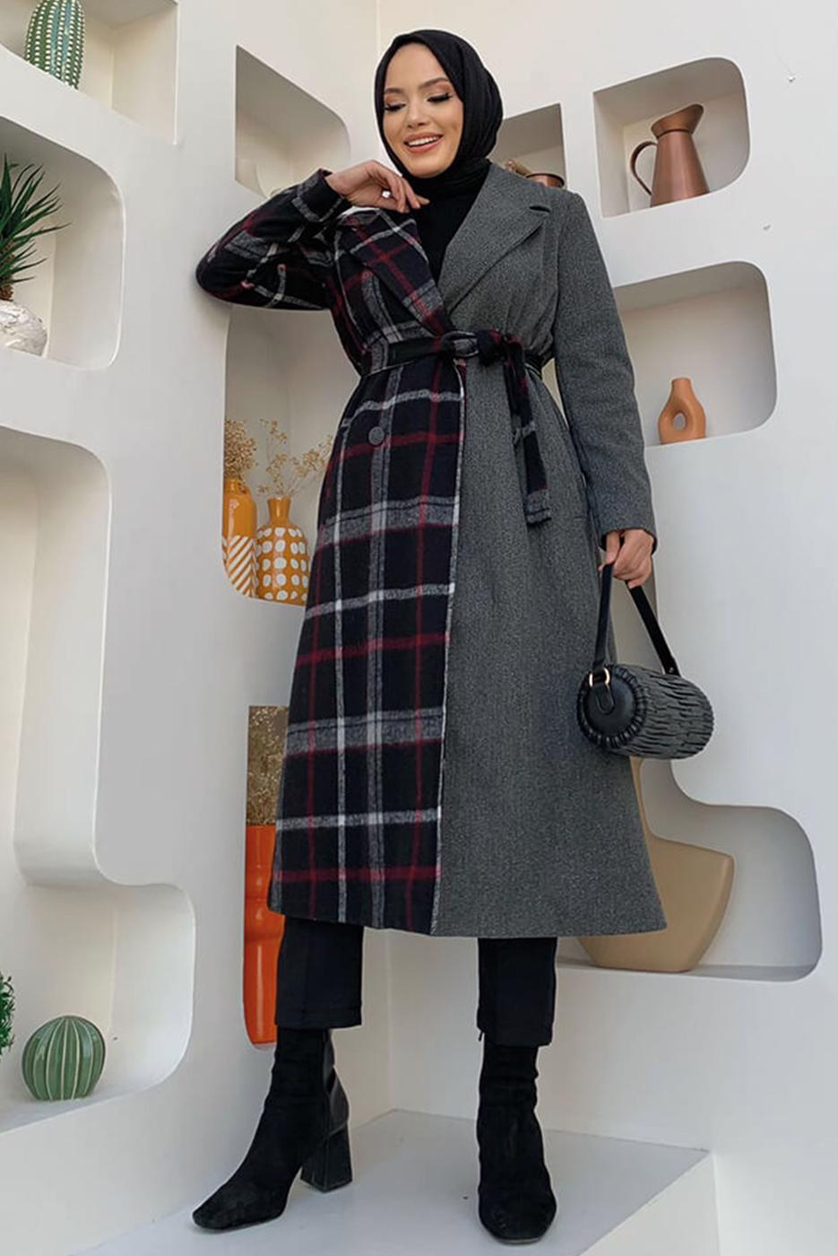 Tesettür giyim GRİ EKOSE DESENLİ KABAN T 2977