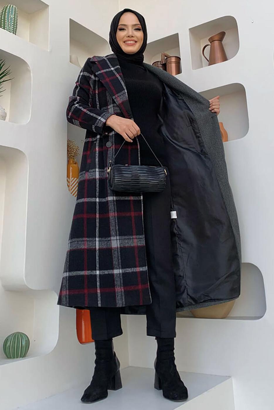 Tesettür giyim GRİ EKOSE DESENLİ KABAN T 2977