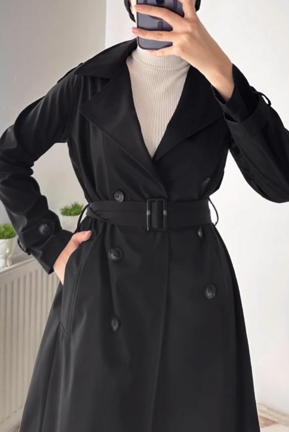 Tesettür giyim SİYAH KEMERLİ KAP T 3695