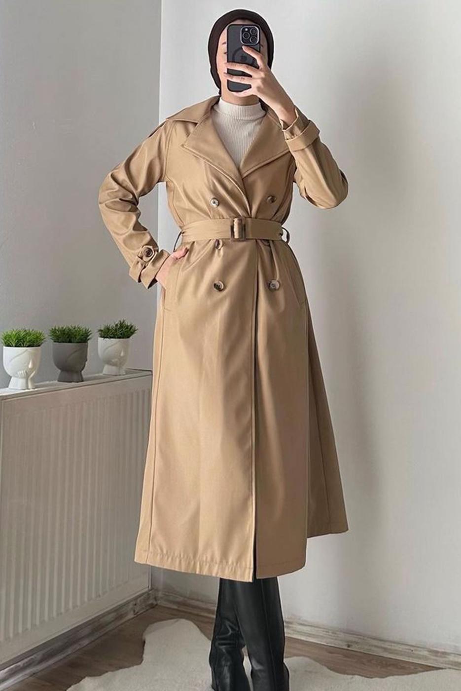 Vêtements hijab BRUN MANTEAU CEINTURE T 3695