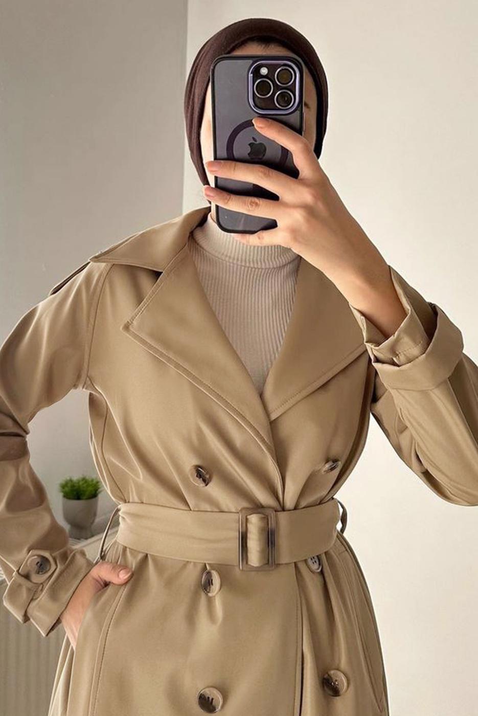 Vêtements hijab BRUN MANTEAU CEINTURE T 3695