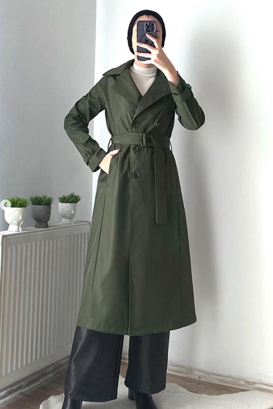 Vêtements hijab KAKI MANTEAU CEINTURE T 3695