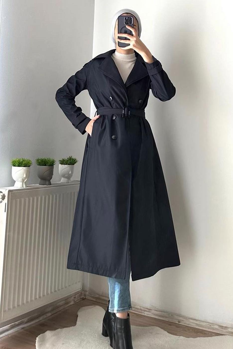 Vêtements hijab BLEU MARINE MANTEAU CEINTURE T 3695