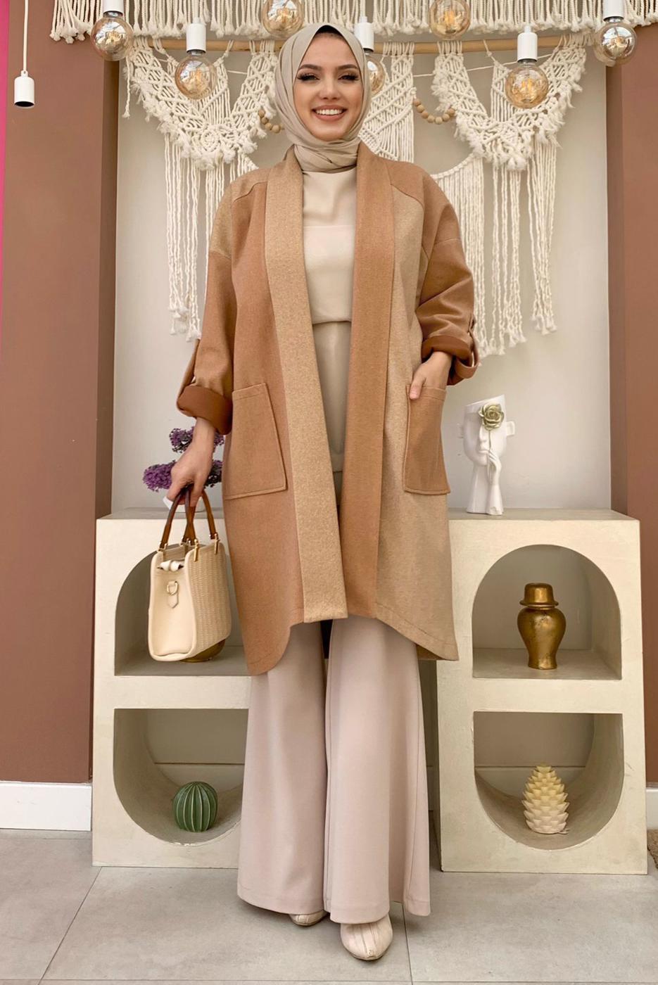 Tesettür giyim TABA İKİ RENKLİ KAŞE KABAN T 3777