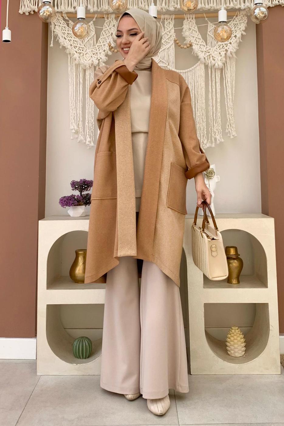 Tesettür giyim TABA İKİ RENKLİ KAŞE KABAN T 3777