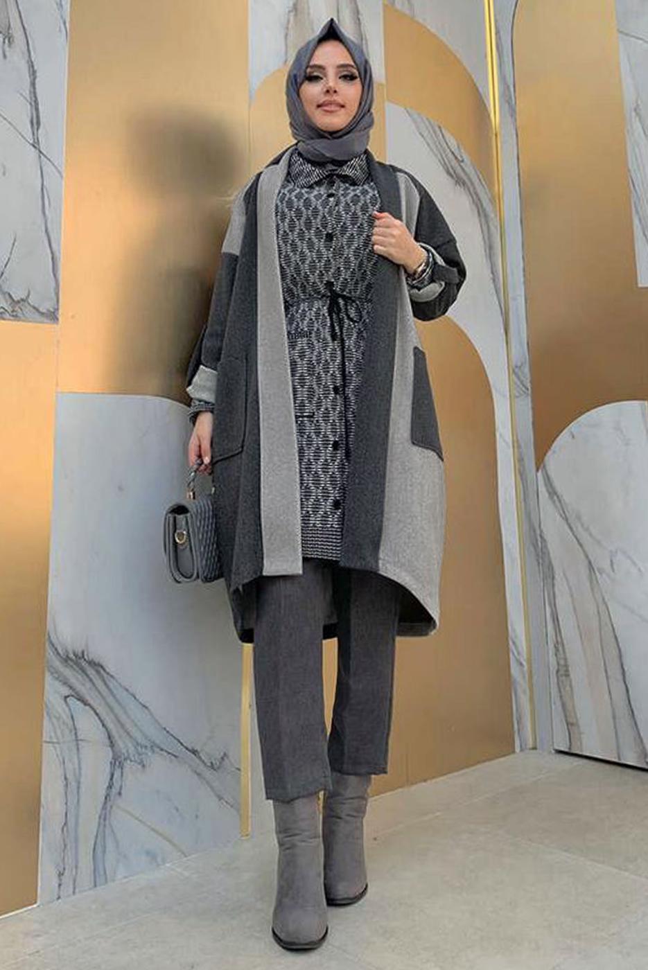 Tesettür giyim GRİ İKİ RENKLİ KAŞE KABAN T 3777