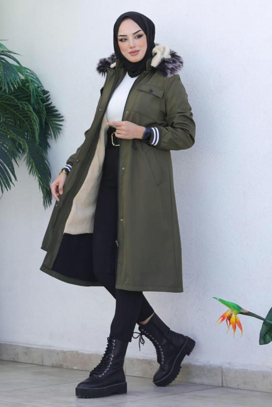Tesettür giyim HAKİ KAPÜŞONLU KABAN T 4064