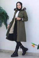 Tesettür giyim HAKİ KAPÜŞONLU KABAN T 4064