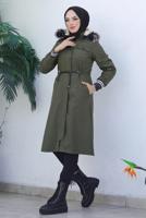 Tesettür giyim HAKİ KAPÜŞONLU KABAN T 4064