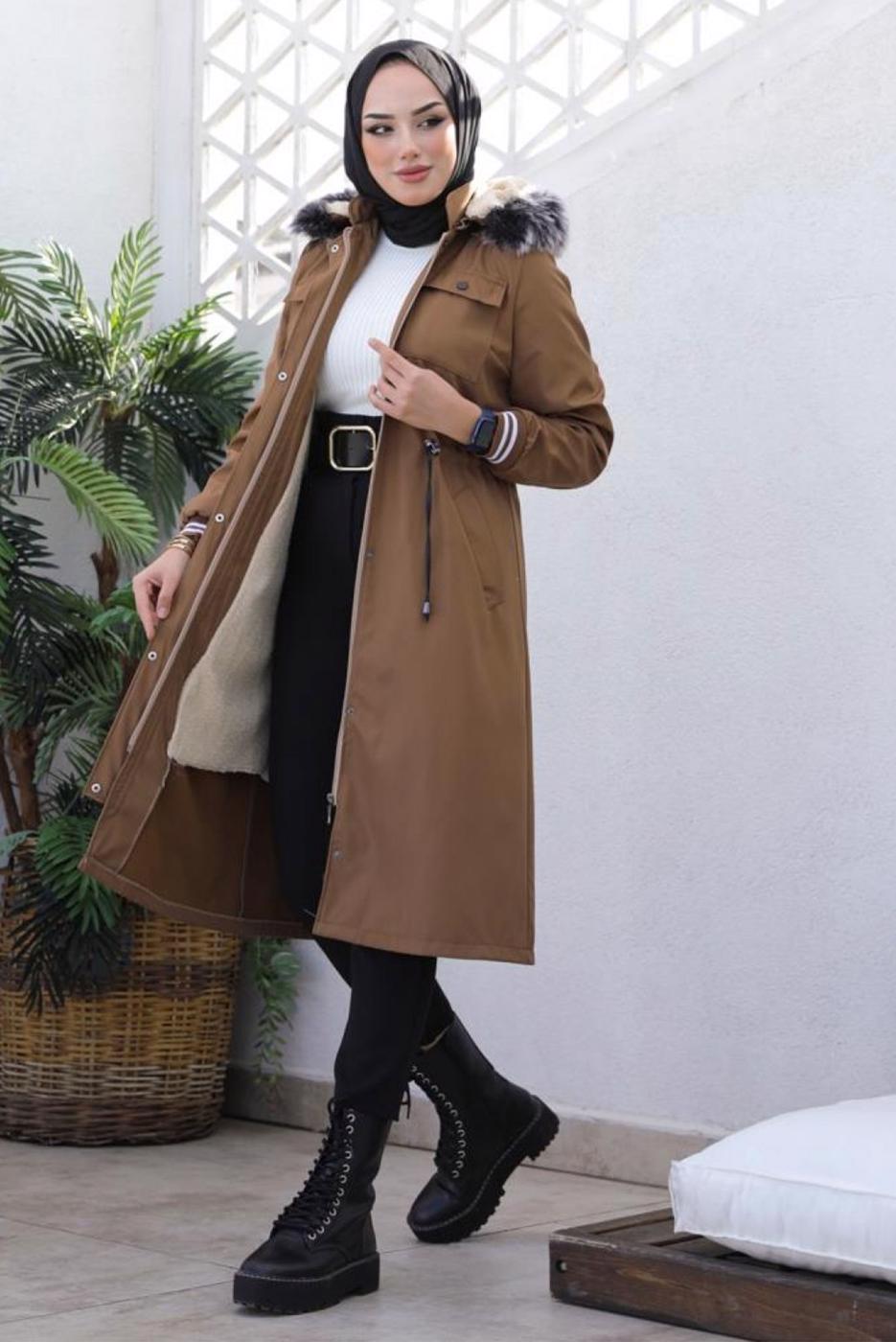 Tesettür giyim KAHVE KAPÜŞONLU KABAN T 4064