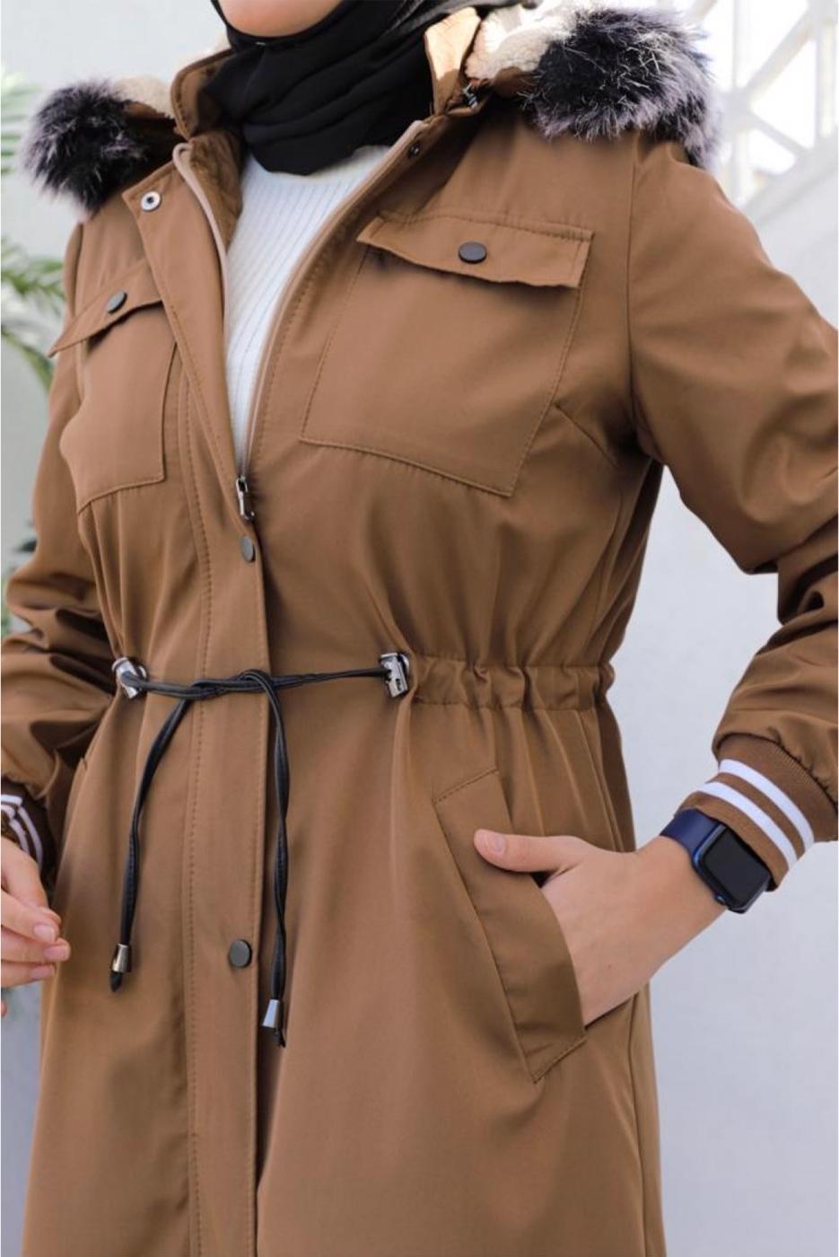 Tesettür giyim KAHVE KAPÜŞONLU KABAN T 4064