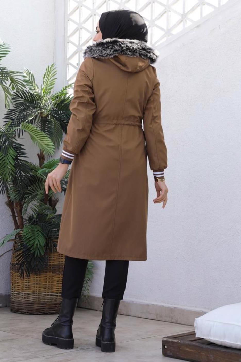 Tesettür giyim KAHVE KAPÜŞONLU KABAN T 4064