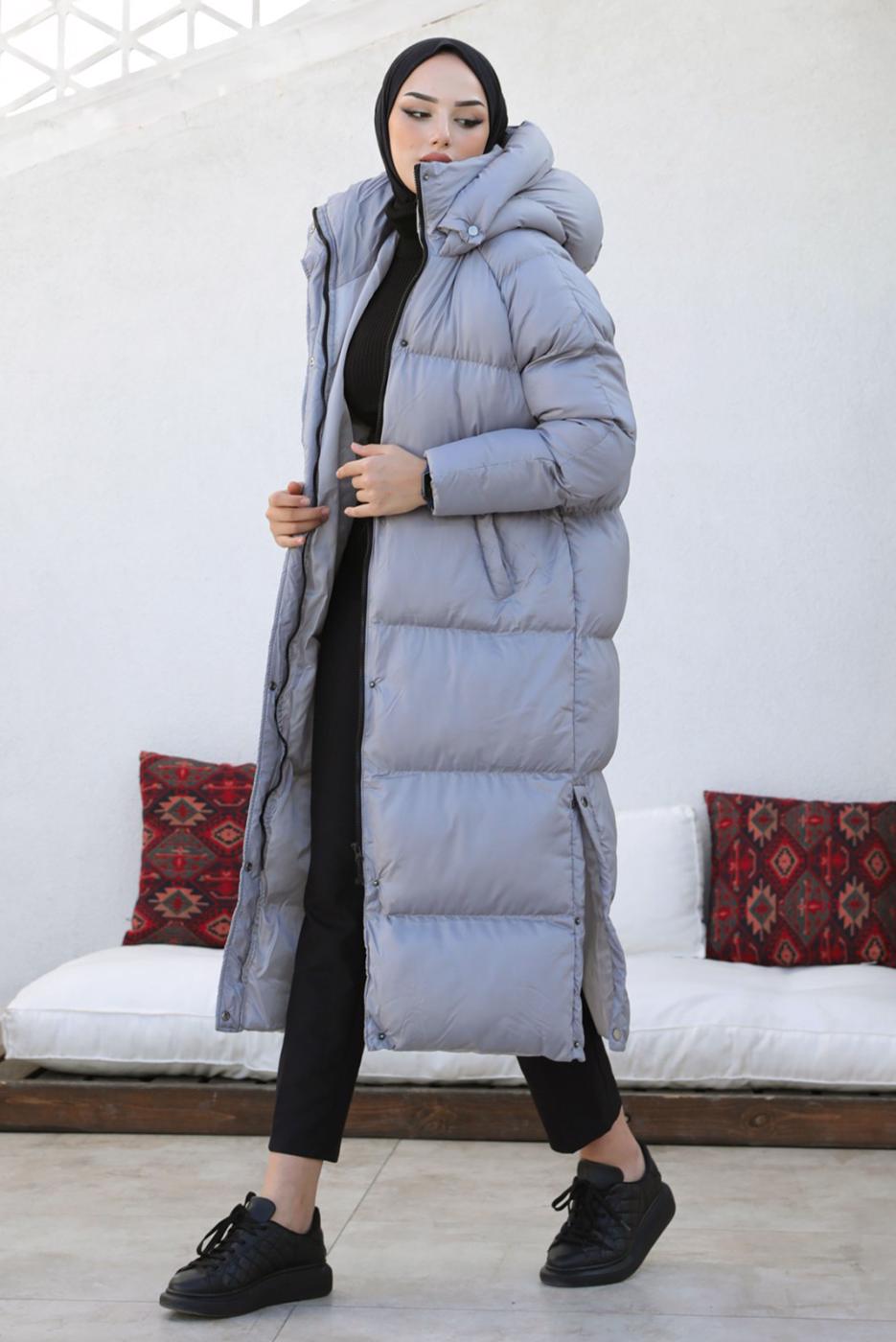 Tesettür giyim GRİ KAPÜŞONLU ŞİŞME KABAN T 4444