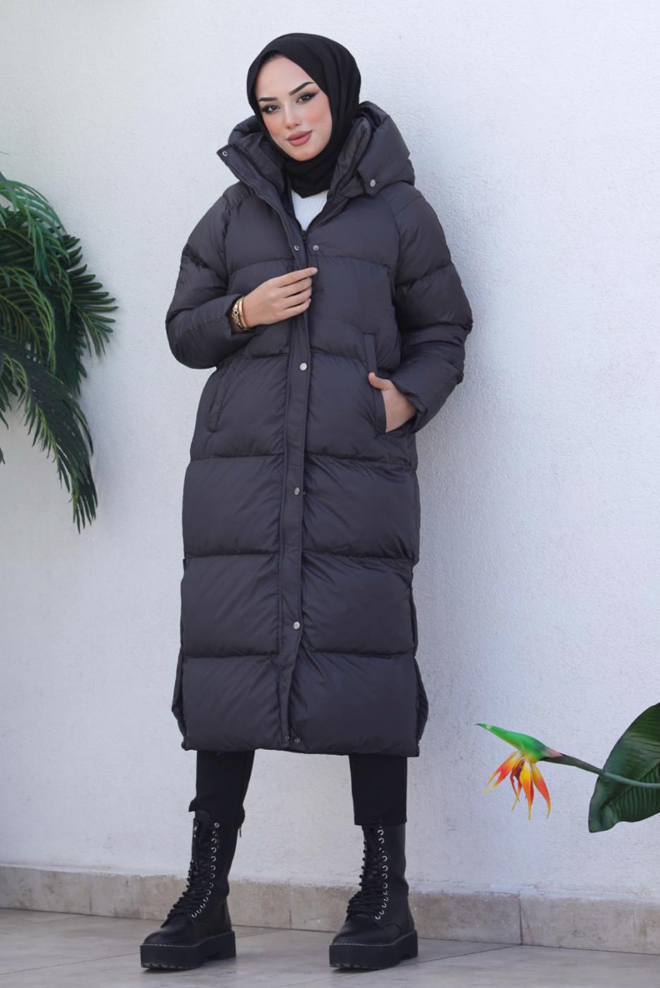 Tesettür giyim GRİ KAPÜŞONLU ŞİŞME KABAN T 4444