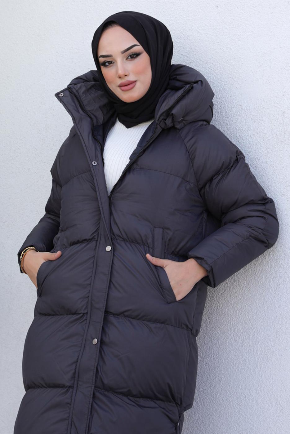 Tesettür giyim GRİ KAPÜŞONLU ŞİŞME KABAN T 4444