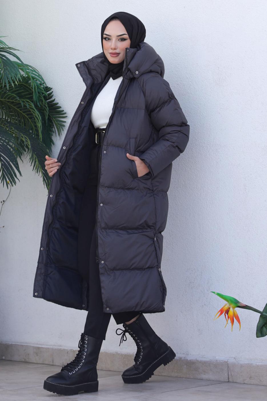 Tesettür giyim GRİ KAPÜŞONLU ŞİŞME KABAN T 4444