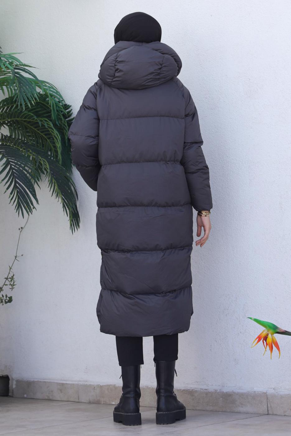 Tesettür giyim GRİ KAPÜŞONLU ŞİŞME KABAN T 4444