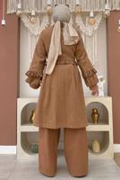 Tesettür giyim TABA PİLİSE DETAYLI KAŞE KABAN T 5177