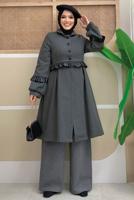 Tesettür giyim GRİ PİLİSE DETAYLI KAŞE KABAN T 5177