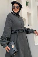 Tesettür giyim GRİ PİLİSE DETAYLI KAŞE KABAN T 5177