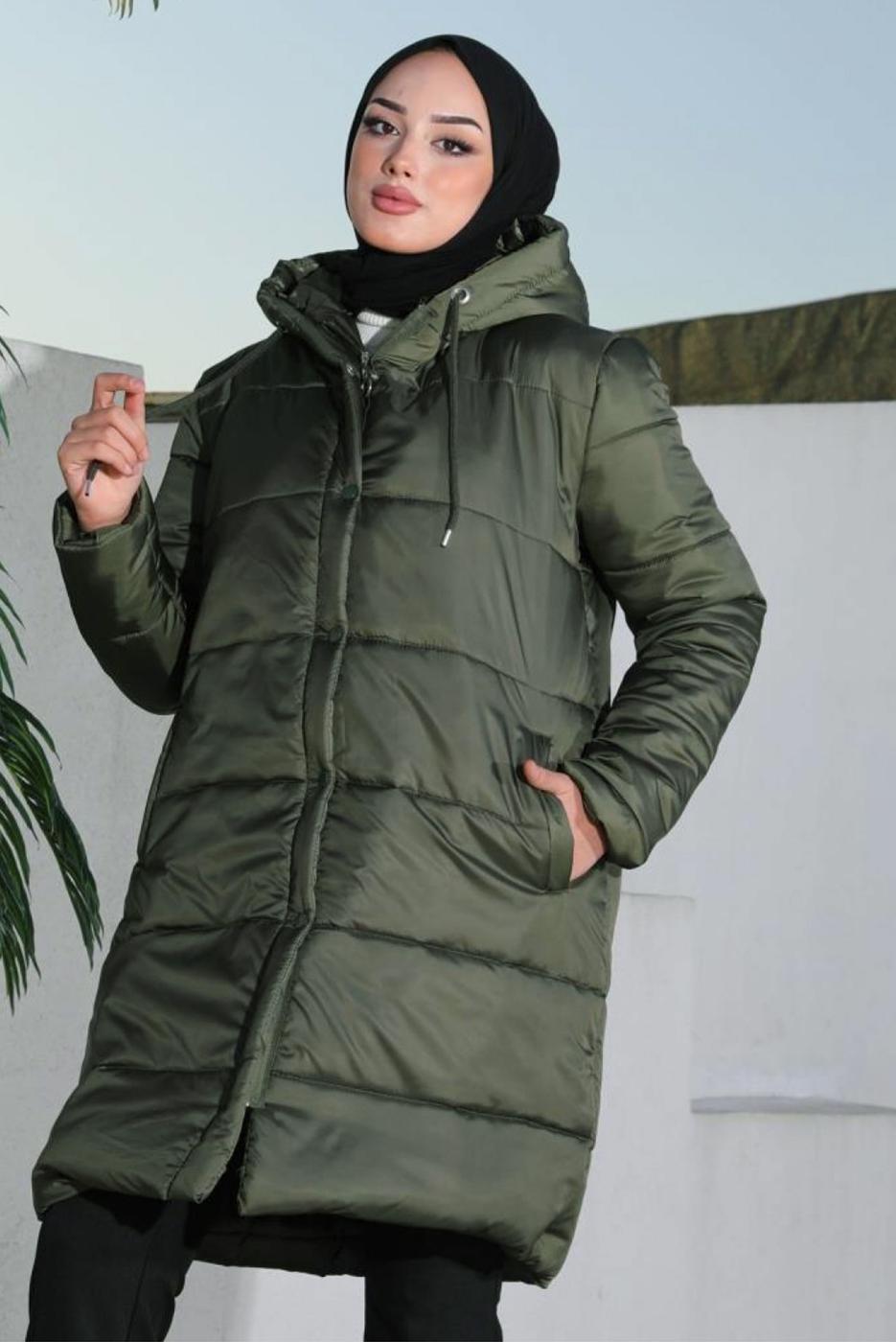 Tesettür giyim HAKİ CEPLİ ŞİŞME MONT T 5444