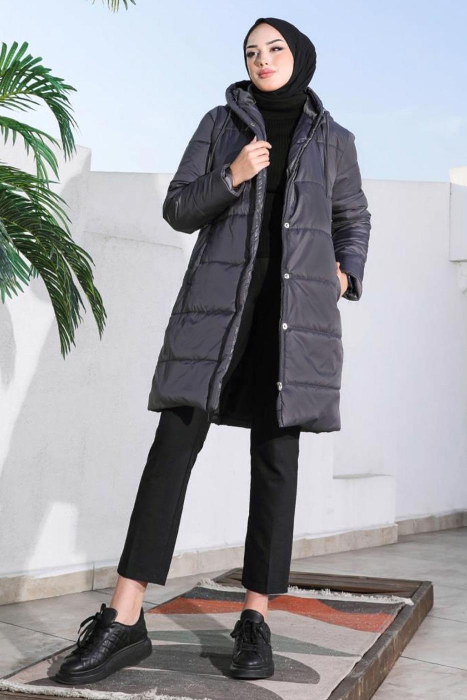 Tesettür giyim GRİ CEPLİ ŞİŞME MONT T 5444