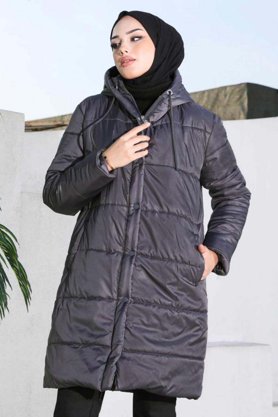 Tesettür giyim GRİ CEPLİ ŞİŞME MONT T 5444