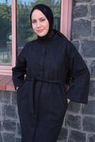 Tesettür giyim SİYAH EKOSE DESENLİ KUŞAKLI KABAN T 5495
