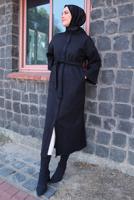 Tesettür giyim SİYAH EKOSE DESENLİ KUŞAKLI KABAN T 5495