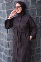 Tesettür giyim KAHVE EKOSE DESENLİ KUŞAKLI KABAN T 5495